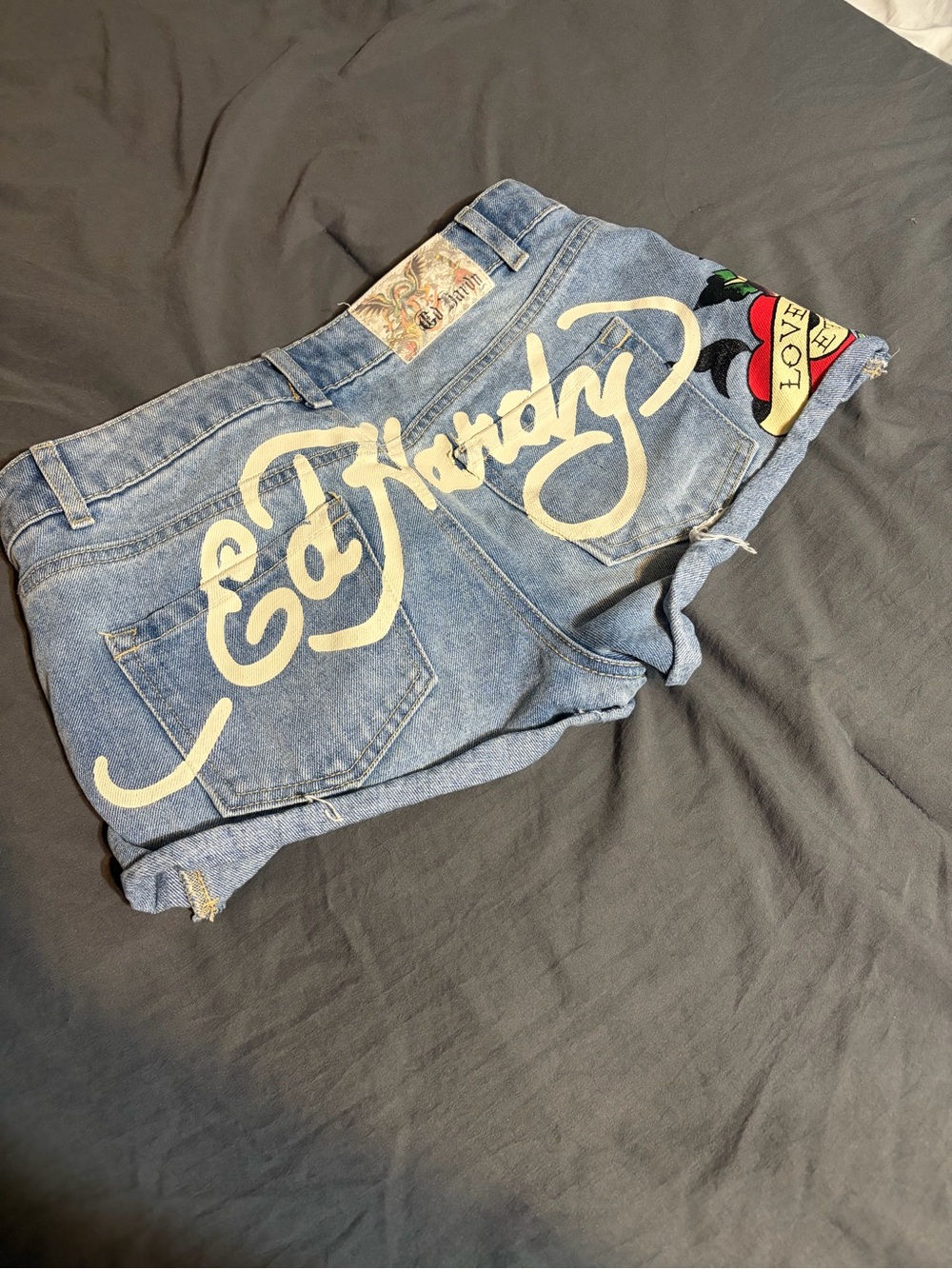 Ed Hardy Light Blue Denim Short Shorts with White Script and Multicolor Patch